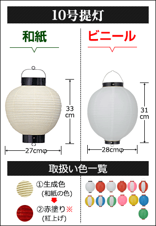 10号提灯　和紙提灯:直径27cm×高さ33cm ビニール提灯:直径28cm×高さ31cm