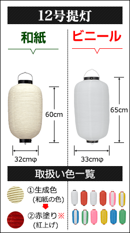 12号提灯　和紙提灯:直径32cm×高さ60cm ビニール直径:直径33cm×高さ65cm