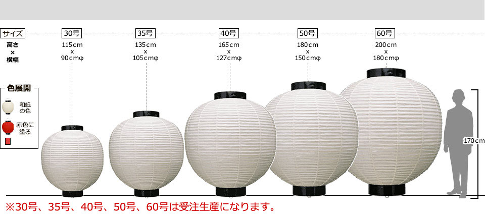 和紙提灯のサイズラインナップ