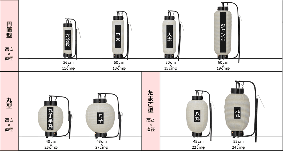 弓張り提灯のサイズラインナップ