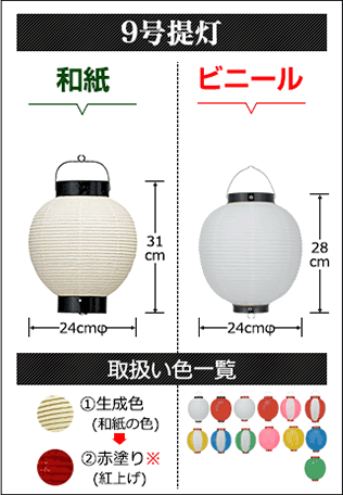 ９号提灯　和紙提灯:直径24cm×高さ31cm ビニール提灯:直径24cm×高さ28cm
