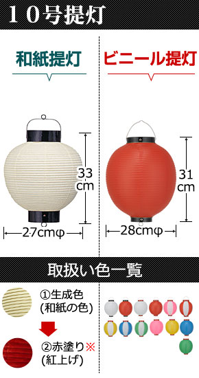 10号提灯　和紙提灯:直径24cm×高さ31cm ビニール提灯:直径24cm×高さ28cm