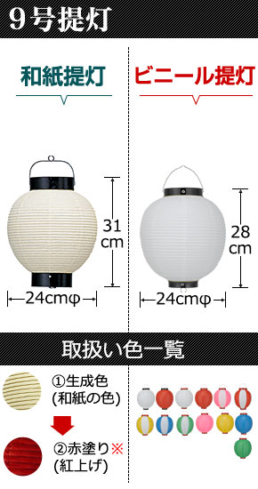 ９号提灯　和紙提灯:直径24cm×高さ31cm ビニール提灯:直径24cm×高さ28cm