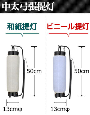 中太弓張提灯　和紙提灯:直径13cm×高さ50cm ビニール提灯:直径13cm×高さ50cm
